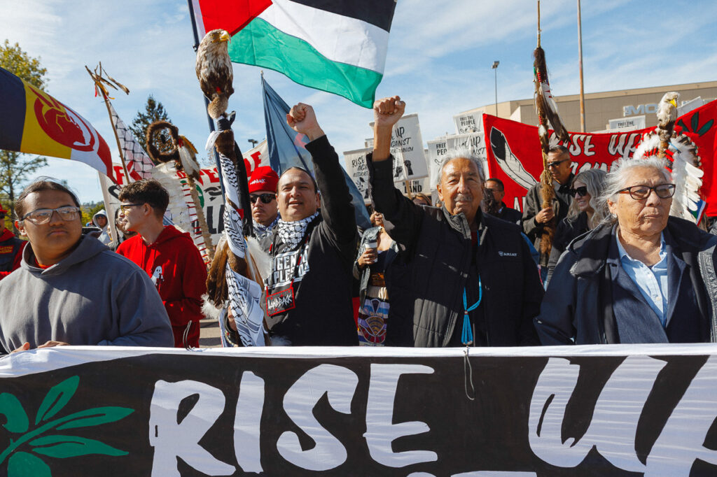 Two men stand with their fists raised, one carries an Eagle Staff. Flags and banners are waving in the background. 