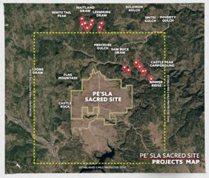 Map of Pe' Sla outlining mining project and 2 miles protected zone where active drilling is happening.