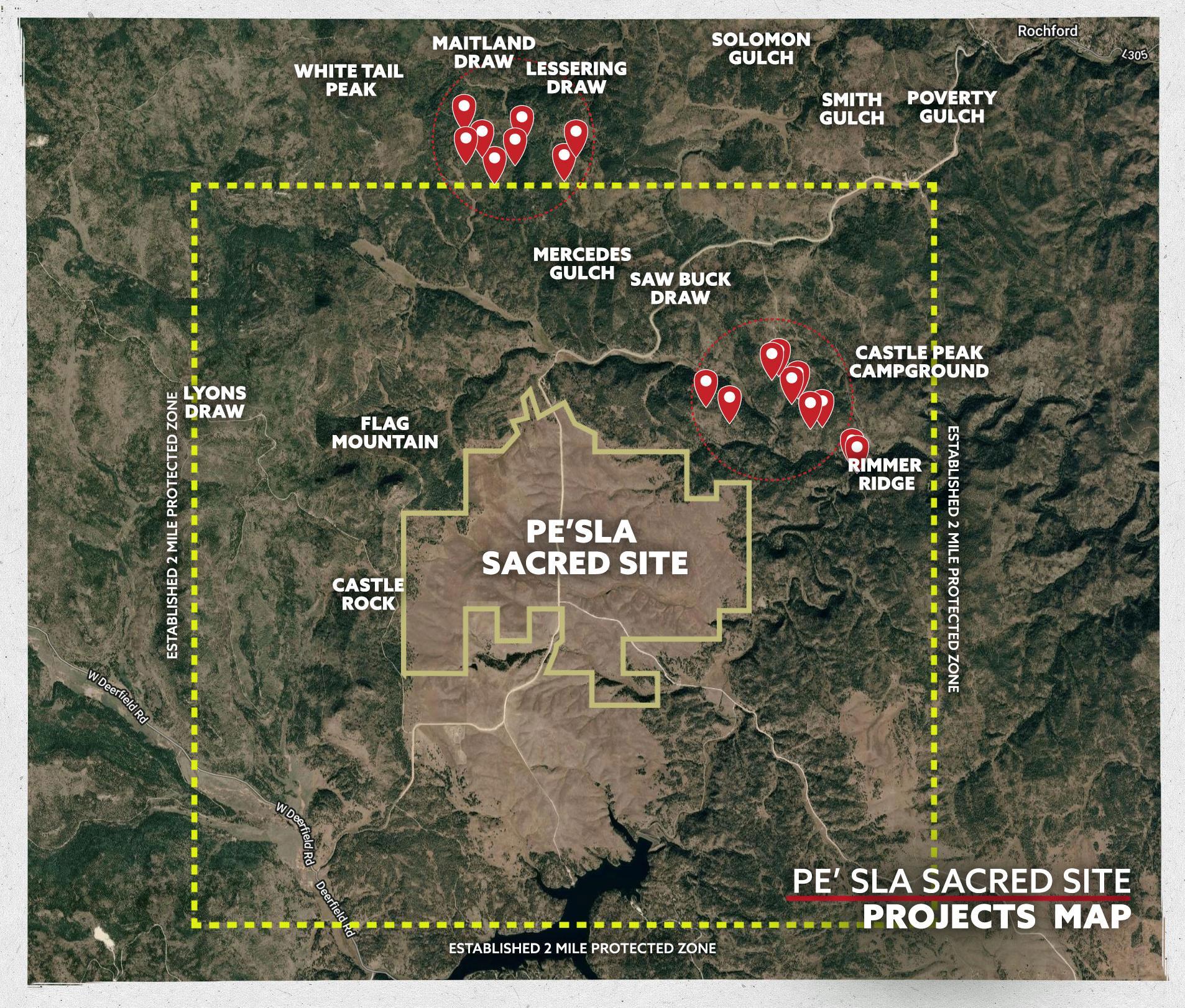 Map of Pe' Sla outlining mining project and 2 miles protected zone where active drilling is happening.